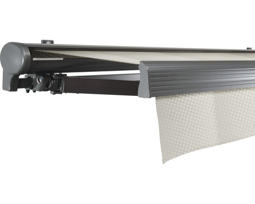 SOLUNA Halbkassettenmarkise Comfort 6x3,5 Dessin J202 Gestell DB703 dunkelgrau Antrieb links inkl.Motor, Sonnen und Windwächter,Wandschalter Markise mit Ausfallarm für den Aussenbereich