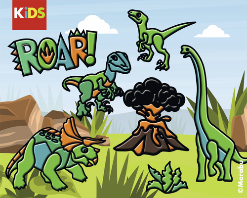 Illustration mit Dinosauriern, Vulkan und dem Wort Roar