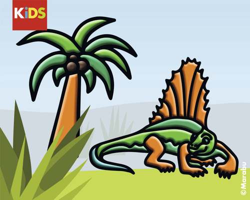 Illustration eines Dinosaurus neben einer Palme für Kinder