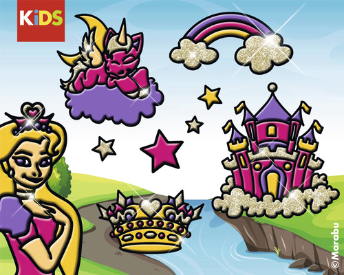 Illustration mit Märchenmotiven wie Prinzessin, Einhorn, Schloss, Krone und Regenbogen für Kinder