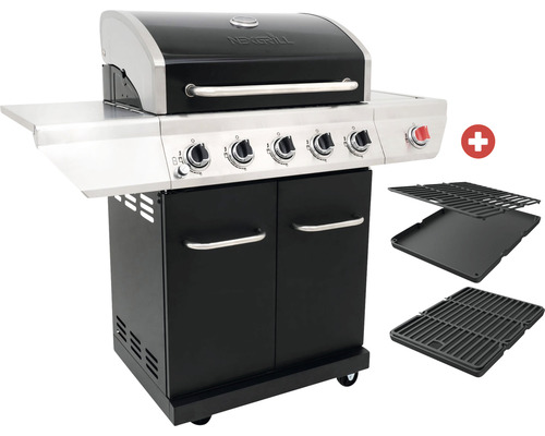 Barbecue à gaz Nexgrill 5 brûleurs+brûleur latéral+brûleur à infrarouge noir grille en fonte émaillée avec tablette,thermomètre sur le couvercle,plateau de plancha en fonte émaillée,lèche-frites,poêle à barbecue,grille à barbecue,zone de chauffe à haute p