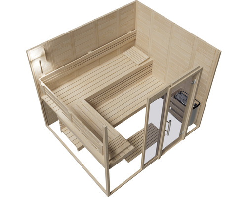 Vue intérieure d''un sauna avec des bancs en bois et une porte en verre