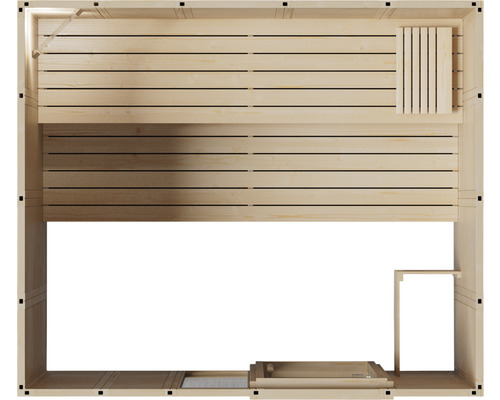 Vue intérieure d''un sauna en bois avec bancs et poêle