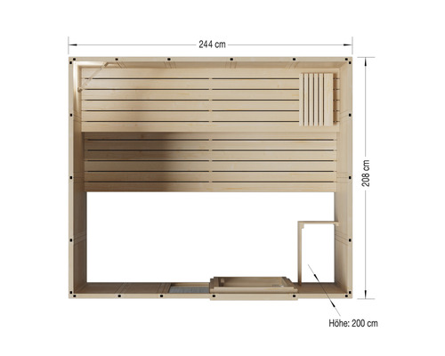 Vue de dessus d''un sauna mesurant 244 centimètres sur 208 centimètres et d''une hauteur de 200 centimètres