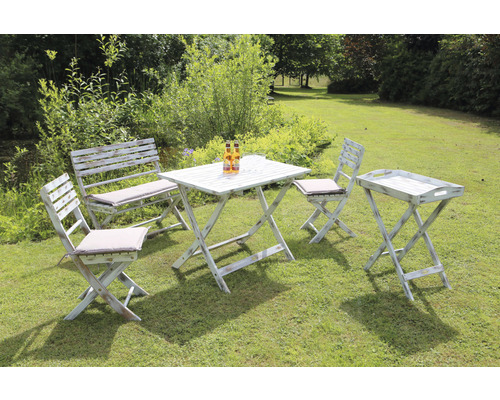 Set de meubles de jardin Toscana bois 4 places 5 pièces blanc, galettes de chaise incluses