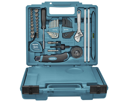 Boîte à outils avec divers outils tels que clés, tournevis, mètre ruban et clés Allen