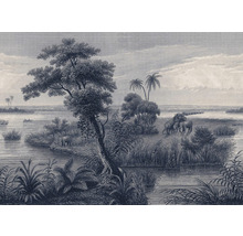 Illustration einer Landschaft mit Elefanten, Bäumen und Wasser