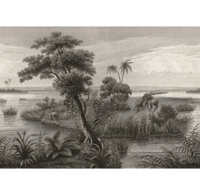 Illustration einer Landschaft mit Elefanten, Bäumen und Wasser