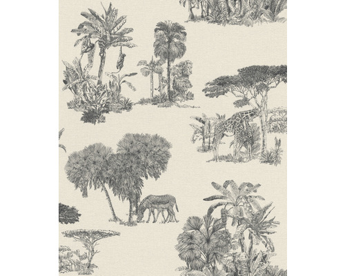 Papier peint intissé 555028 Lirico naturel animaux s Papier peint avec motif de jungle, comprenant des arbres, des girafes et des zèbres