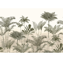 Illustration einer tropischen Landschaft mit Palmen und Farnen