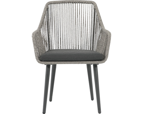 Gartenstuhl mit Armlehnen, Seilbespannung und Sitzkissen