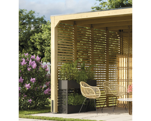 Lamellenwand Karibu für Pavillon Cubusso 295 x 235 cm natur Holzpavillon mit Lamellenwand, Pflanzkasten und Gartenmöbeln
