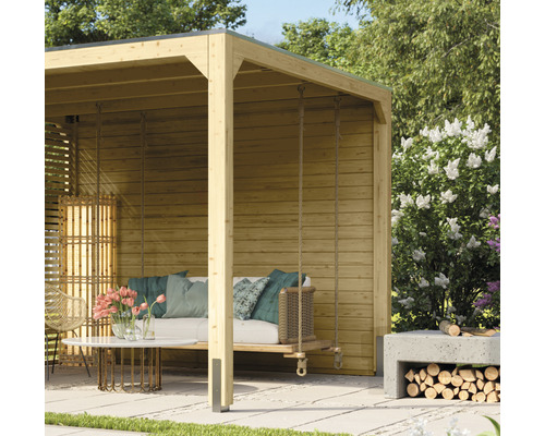 Seitenwand Karibu für Pavillon Cubusso 295 x 235 cm natur Holzpavillon mit Schaukel, Sitzgelegenheiten und Tisch für den Aussenbereich