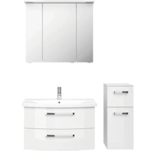 Badezimmerset mit Spiegelschrank, Waschtisch mit zwei Schubladen und Unterschrank mit zwei Schubladen.