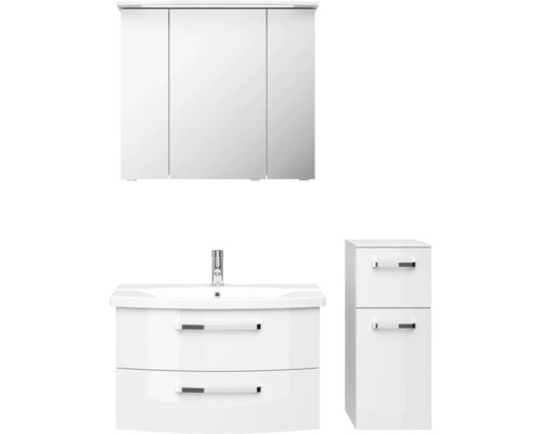 Badmöbel-Set Pelipal Serie 4010 BxHxT 114 x 200 x 45 cm Frontfarbe weiß hochglanz Badmöbelset 5-teilig und mehr mit Waschtisch Spiegelschrank mit LED-Beleuchtung Unterschrank Badezimmerset mit Spiegelschrank, Waschtisch mit zwei Schubladen und Unterschrank mit zwei Schubladen.