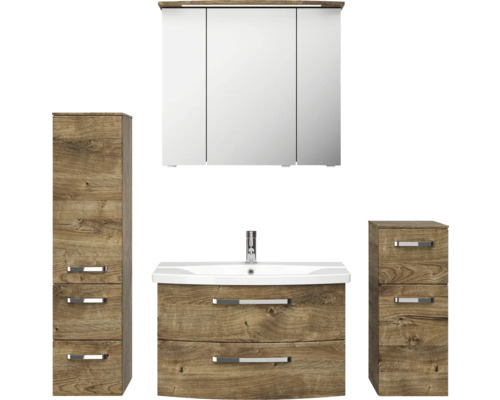 Badmöbel-Set Pelipal Serie 4010 BxHxT 144 x 200 x 45 cm Frontfarbe eiche ribbeck Badmöbelset 5-teilig und mehr mit Waschtisch Keramik weiß und Keramik-Waschtisch Waschtischunterschrank Spiegelschrank mit LED-Beleuchtung Unterschrank Badezimmermöbelset mit Waschtisch, Spiegelschrank und zwei Hochschränken