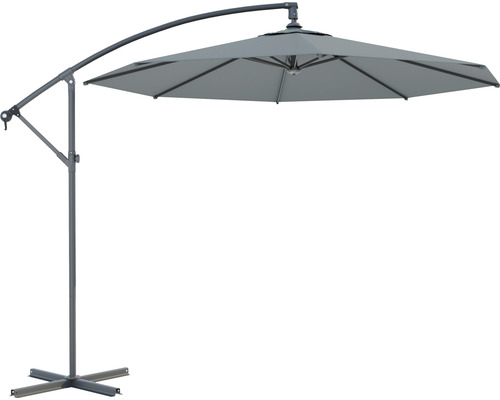 Parasol déporté gris avec cadre en métal et pied en croix pour le jardin