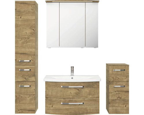 Meuble de salle de bains Pelipal xpressline 4010 144 x 200 x 45 cm façade chêne ribbeck décor bois avec vasque en céramique blanc avec lavabo céramique sous-vasque armoire de toilette lumineuse armoire haute meuble bas 4010.0800111694