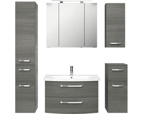 Meuble de salle de bains Pelipal xpressline 4010 144 x 200 x 45 cm façade graphite structuré transversalement décor bois avec vasque en céramique blanc avec lavabo céramique sous-vasque armoire de toilette lumineuse armoire haute meuble bas meuble mural