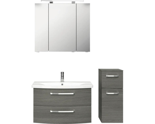 Meuble de salle de bains Pelipal xpressline 4010 114 x 200 x 45 cm façade graphite structuré transversalement décor bois avec vasque en céramique blanc avec lavabo céramique sous-vasque armoire de toilette lumineuse meuble bas 4010.0800112193