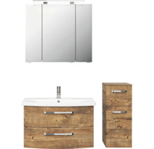 Badezimmerset mit Spiegelschrank, Waschtischunterschrank und Seitenschrank in Holzoptik