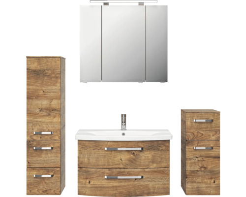 Badmöbel-Set Pelipal Serie 4010 BxHxT 144 x 200 x 45 cm Frontfarbe eiche ribbeck Badmöbelset 5-teilig und mehr mit Waschtisch Spiegelschrank mit LED-Beleuchtung Unterschrank Badezimmermöbelset mit Waschbeckenunterschrank, Spiegelschrank und Hochschränken