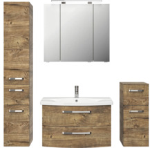Badezimmermöbelset mit Waschtisch, Spiegelschrank und Seitenschränken im Holzdesign