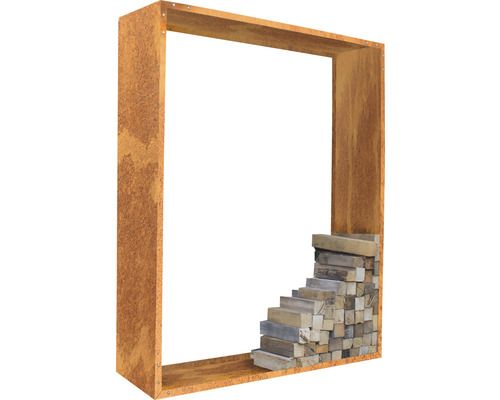 Dekoratives Rostelement mit Holzstapel zur Gartengestaltung