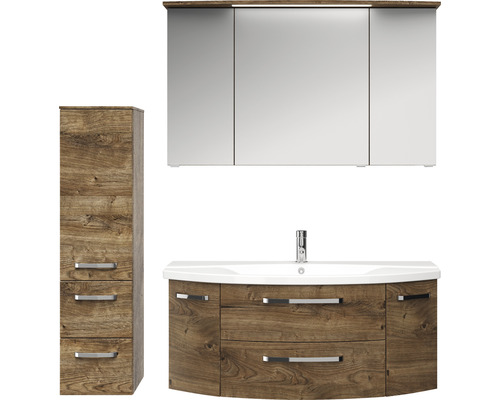 Badmöbel-Set Pelipal Serie 4010 BxHxT 150,5 x 200 x 48 cm Frontfarbe eiche ribbeck Badmöbelset 5-teilig und mehr mit Waschtisch Keramik weiß und Keramik-Waschtisch Waschtischunterschrank Spiegelschrank mit LED-Beleuchtung Badezimmerset mit Waschtischunterschrank, Spiegelschrank und Hochschrank im Holzdesign