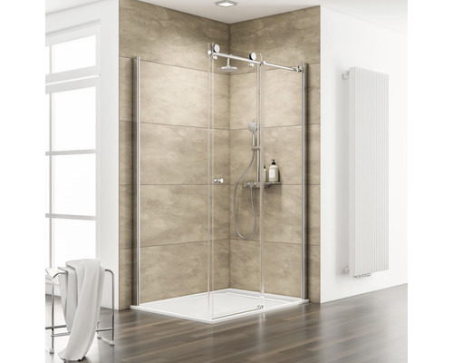 Porte de douche avec paroi latérale SCHULTE MasterClass ExpressPlus 90 x 120 cm couleur du profilé chrome décor de vitre verre transparent avec verre antitache butée de porte à droite butée de paroi latérale à gauche