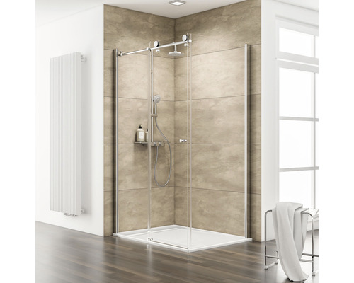 Porte de douche avec paroi latérale à porte coulissante SCHULTE MasterClass ExpressPlus 120 x 90 cm Profil chrome verre transp. revêtement verre résistant à la saleté tirant gauche butée de paroi latérale droite receveur de douche, conduit blanc