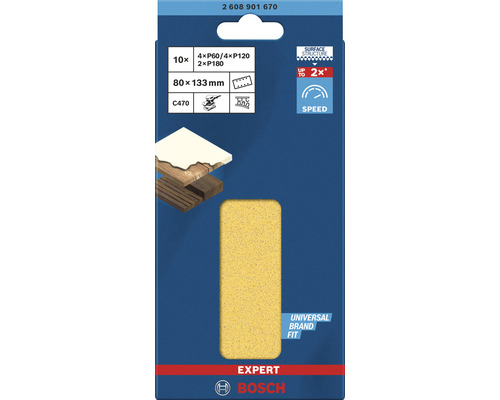 Bosch Expert Schleifpapier Set, Körnung P60, P120 und P180, Größe 80 x 133 Millimeter, 10 Stück