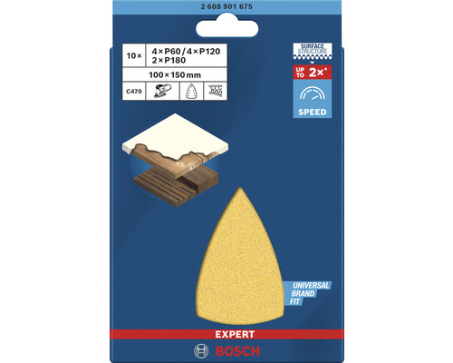 Bosch Expert Schleifblatt Set Dreieckform, Körnung P60, P120 und P180, Größe 100x150 Millimeter, 10 Stück