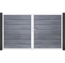 Portail double avec panneaux aspect bois dans un cadre blanc