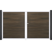 Portail double avec panneaux de bois horizontaux et cadre blanc