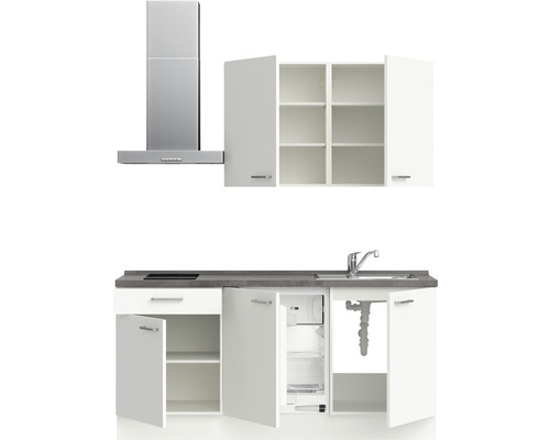 Komplette Küchenzeile mit Spüle, Kochfeld, Dunstabzugshaube, Kühlschrank und Schränken