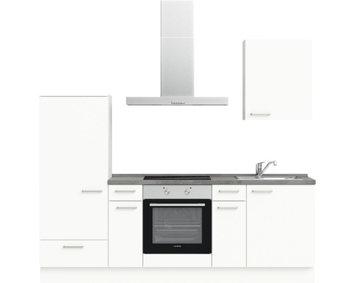 Cuisine équipée avec appareils intégrés et façades blanches