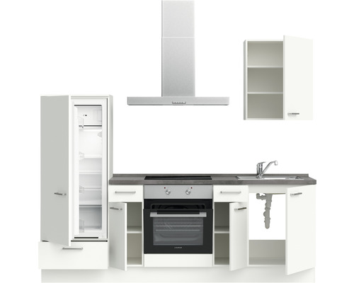 Cuisine avec réfrigérateur, hotte, évier et armoire