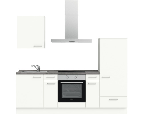 Küchenzeile mit Spüle, Herd, Backofen, Dunstabzugshaube und Schränken