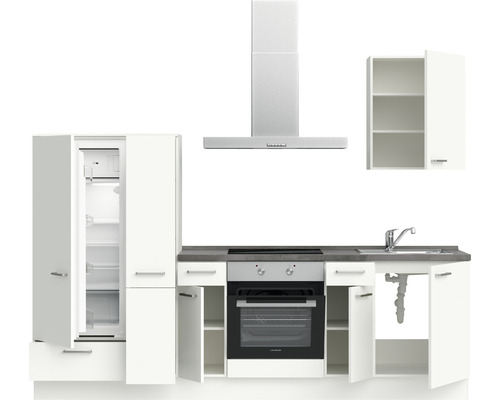 Cuisine avec réfrigérateur, cuisinière, évier et hotte aspirante