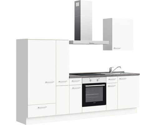 Cuisine équipée avec évier, cuisinière, four, hotte aspirante et armoires