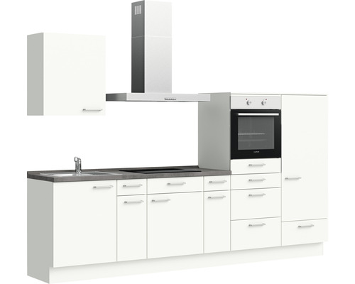 Küchenzeile mit Spüle, Kochfeld, Dunstabzugshaube und Backofen