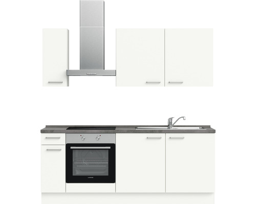 Küchenzeile mit Spüle, Kochfeld, Backofen, Dunstabzugshaube und Hängeschränken