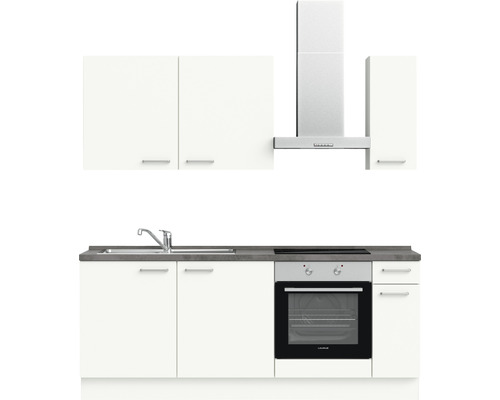 Cuisine complète avec évier, plaque de cuisson, four et hotte aspirante