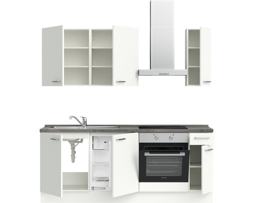 Cuisine complète avec évier, réfrigérateur, cuisinière, four, hotte aspirante et armoires