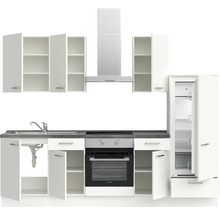 Cuisine complète avec évier, plaque de cuisson, four, hotte aspirante, combiné réfrigérateur-congélateur et éléments hauts