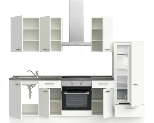 Komplette Küchenzeile mit Spüle, Kochfeld, Backofen, Dunstabzugshaube, Kühl-Gefrierkombination und Hängeschränken