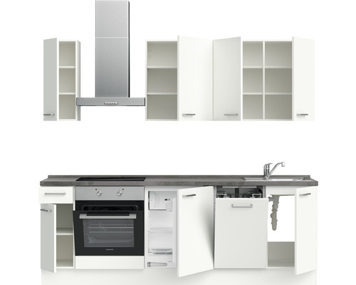 Komplette Küchenzeile mit Elektrogeräten, Spüle, Dunstabzugshaube und weißen Fronten