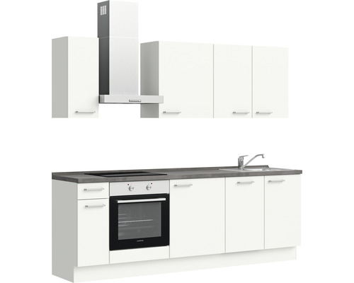 Küchenzeile mit Hängeschränken, Dunstabzugshaube, Spüle und Backofen