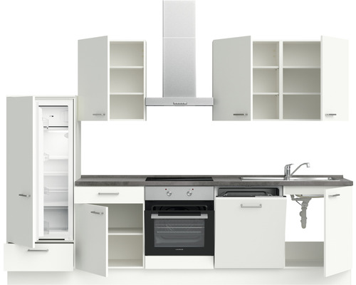 Küchenzeile mit Hängeschränken, Kühlschrank, Spüle und Backofen